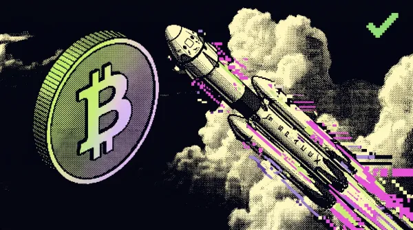 Illustration of a rocket launching beside a Bitcoin symbol, representing Binance’s launch of SpaceX pre-IPO perpetual futures tied to the company’s expected valuation growth.