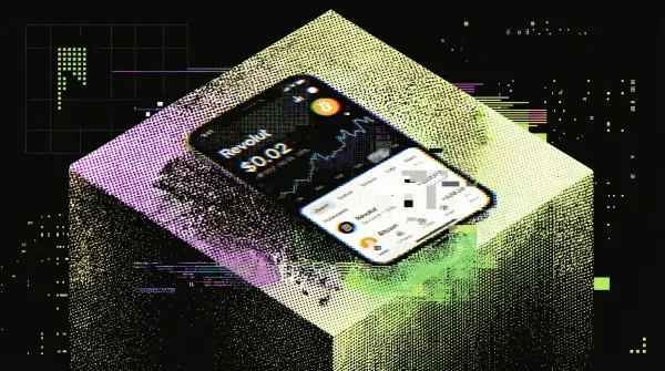 Glitch-style illustration of a smartphone displaying Bitcoin priced at $0.02 on the Revolut app, with digital distortion effects symbolizing a crypto pricing error.