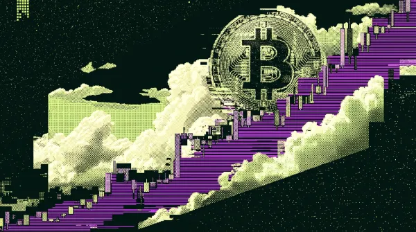 Stylized Bitcoin coin rising along a glitchy upward price chart through clouds, representing BTC breaking above $81,000.