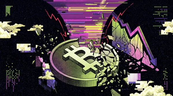Shattered Bitcoin coin beside falling market charts representing heavy ETF outflows and price pressure.