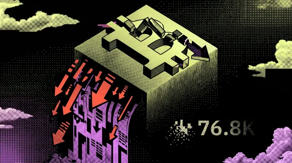 Illustration of a collapsing Bitcoin symbol with red downward arrows and “76.8K” displayed, representing BTC’s sharp price drop and ETF outflows.