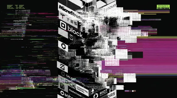 Illustration of stacked public company logos forming a Bitcoin treasury tower against a distorted digital backdrop.