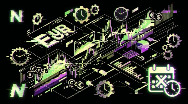 Stylized EUR/USD trading interface with charts, gears, and currency symbols, representing 24/7 FX perpetual swaps on BitMEX.