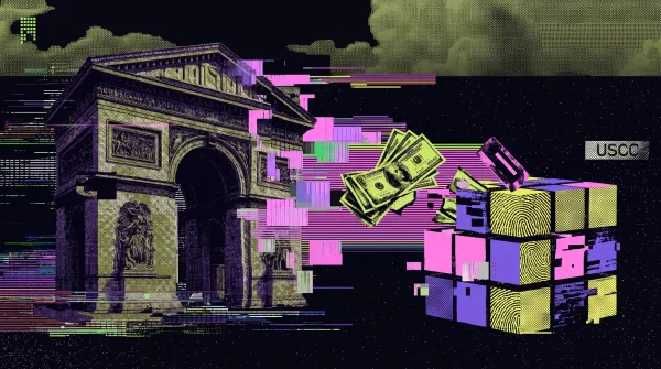 Stylized glitch graphic of a classical financial monument beside floating cash and stacked digital asset cubes labeled USCC, symbolizing Bitwise’s expansion into tokenized real-world assets.
