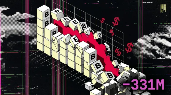 Illustration of collapsing Bitcoin ETF blocks and a red downward trend line representing $331 million in ETF outflows led by BlackRock’s IBIT fund.