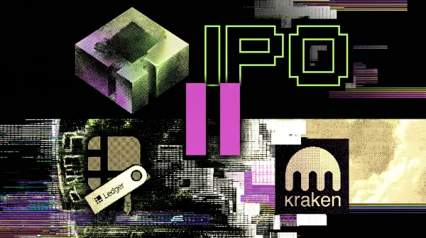 Illustration featuring IPO graphics and crypto company logos, representing Blockchain.com’s planned 2026 public listing amid a weaker market.