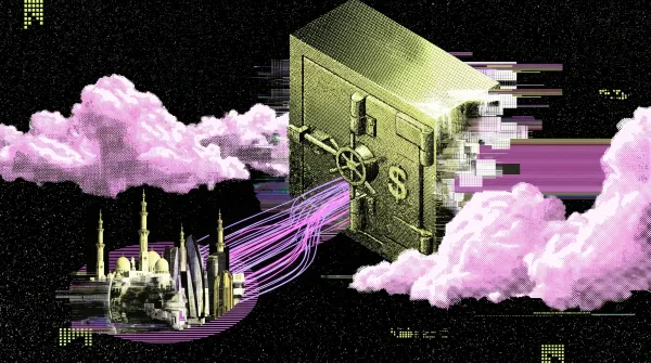Stylized glitch graphic of a digital bank vault connected by glowing data streams to an Abu Dhabi skyline beneath pink clouds, representing BNY’s crypto custody expansion into the UAE.