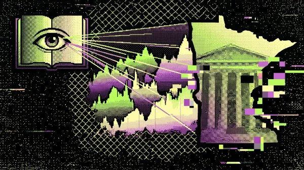 Illustration of an eye projecting market data toward a government building and the outline of Minnesota, representing the legal battle over prediction market bans.