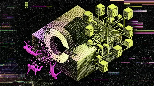 Stylized glitch graphic of falling figures beside a fragmented Coinbase logo and AI-linked server network, symbolizing crypto layoffs and AI-driven restructuring.