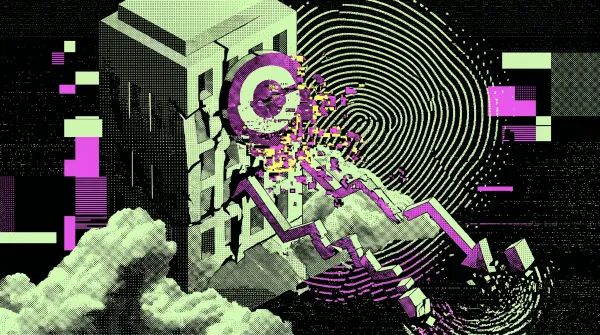 Glitch-style illustration of a fragmented Coinbase logo breaking apart alongside a downward market chart and digital distortion effects, symbolizing declining crypto trading revenue.