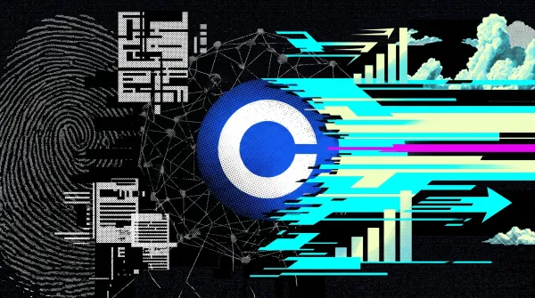 Illustration of the Coinbase logo accelerating past fingerprint and compliance graphics, symbolizing AI-powered identity and account verification systems.