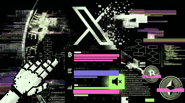 Glitch-style X logo with distorted crypto posts, charts, and coins, symbolizing AI spam and muted crypto content on social media.
