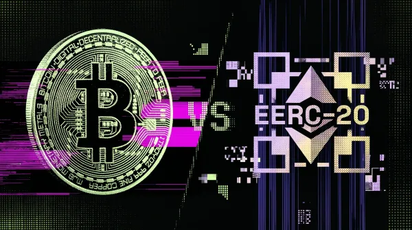 Illustration comparing a Bitcoin coin with an Ethereum ERC-20 token, representing the difference between crypto coins and tokens.