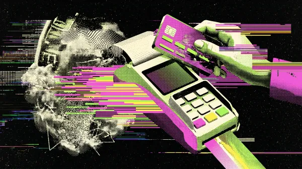 Glitch-style artwork showing a hand tapping a crypto card on a payment terminal with neon distortion effects.