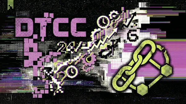 Illustration of DTCC branding, Chainlink symbols and 24/7 collateral graphics connected by blockchain-style chains.