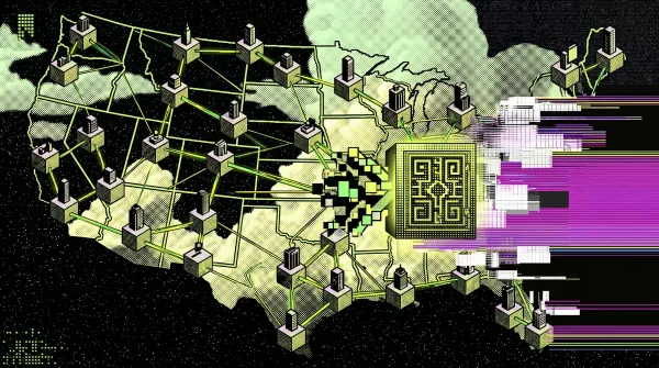 Stylized map of the U.S. connected by blockchain nodes and network lines, with a central chip, representing tokenized capital markets going on-chain.