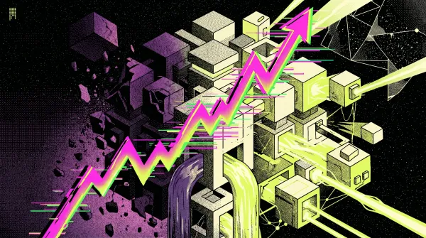 Abstract illustration of glowing upward arrows and interconnected trading blocks, representing Hyperliquid ETF volume growth and rising inflows during a weak crypto market.