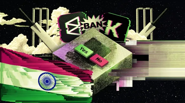 Illustration of India’s flag beside a “BAN” sign and prediction market controls, representing India’s crackdown on Polymarket and scrutiny of Kalshi.