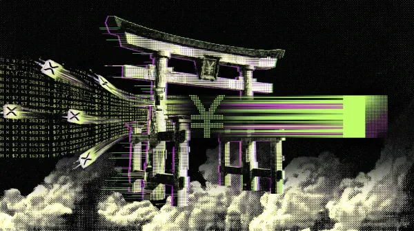 Glitch-style illustration of a Japanese torii gate surrounded by neon yen symbols, tokenized data streams, and blockchain graphics representing Japan’s digital bond market infrastructure.