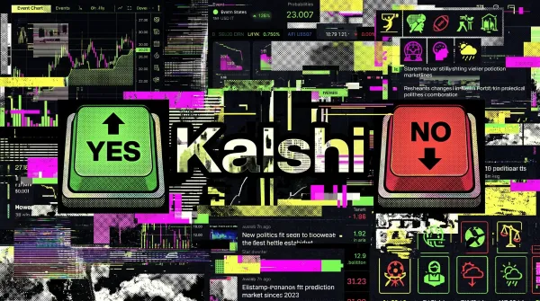 Illustration of the Kalshi prediction market interface with YES and NO trading buttons surrounded by charts and event categories.