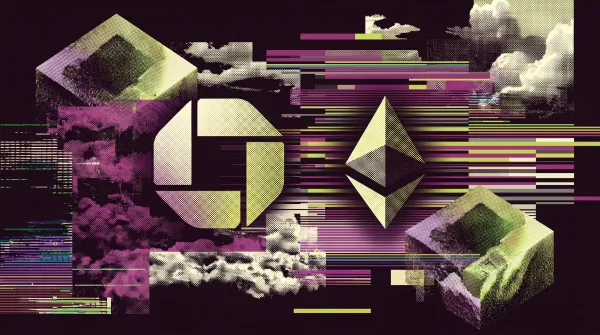 Abstract illustration featuring JPMorgan and Ethereum symbols with digital blocks and glitch-style financial graphics.