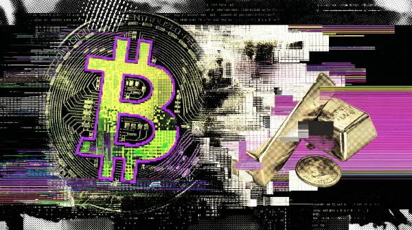 Glitch-style illustration of a large neon Bitcoin symbol beside gold bars and a gold coin, with digital distortion effects representing the Bitcoin-versus-gold debasement trade.