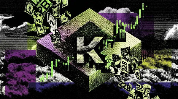Stylized illustration of the Kalshi logo with market charts and falling dollar bills representing its $22 billion valuation surge.