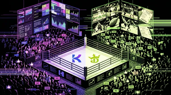 Crowded arena illustration showing Kalshi and DraftKings logos inside a boxing ring surrounded by betting and prediction market screens.