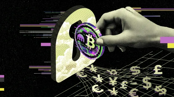 Hand inserting a Bitcoin coin into a location pin, with global currency symbols below, representing crypto-to-cash withdrawals worldwide.