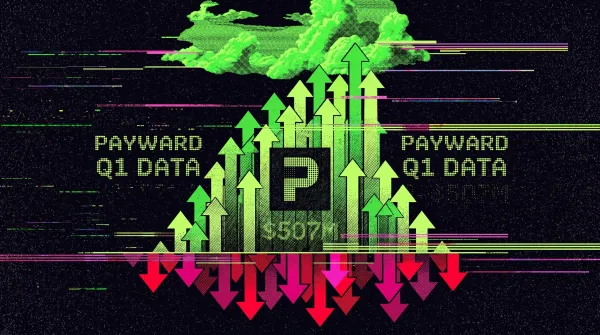 Illustration showing Payward Q1 revenue data with rising and falling arrows around a central dashboard.