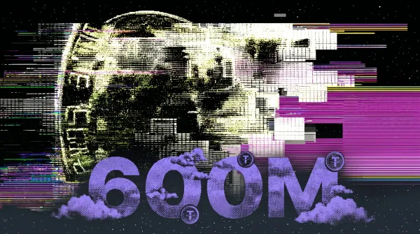 Stylized glitch graphic featuring a large “600M” typography with stablecoin symbols, representing Payward’s $600 million acquisition to expand crypto payments in Asia.