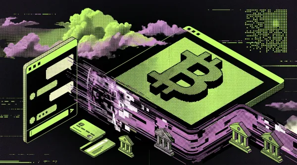 Illustration of a Bitcoin wallet app connected to banking and payment rails, representing MoonPay’s crypto onramp integration in the ChatGPT App Store.