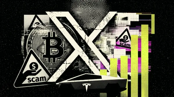 Stylized X logo with Bitcoin symbol, scam warning signs, and rising chart bars, illustrating crypto skepticism and X’s expanding market feed.