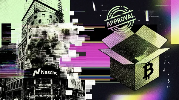 Illustration of Nasdaq and a Bitcoin-themed box marked “approval,” representing SEC approval of QBTC Bitcoin index options.