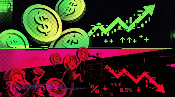 Illustration comparing rising US dollar stablecoins with declining euro and yen stablecoins, highlighting the dominance of dollar-backed crypto assets in the market.