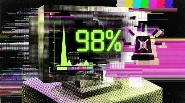Illustration of a computer monitor displaying a 98% success rate beside warning symbols, representing suspiciously successful Iran war bets on Polymarket.