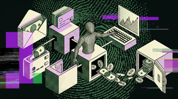 Illustration of AI agents managing stock trading, payments, and spending across connected financial accounts and digital wallets.