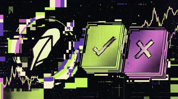 Illustration of Robinhood-themed prediction market cards with yes/no outcomes beside trading charts and market graphics.