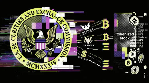 Illustration of the SEC seal alongside digital stock and crypto symbols, representing the expansion of tokenized US stock trading on crypto venues.