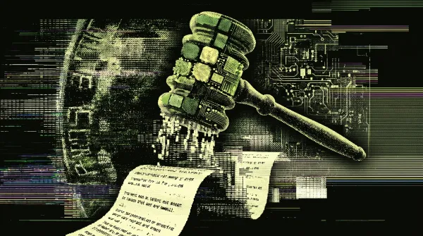 Illustration of a judge’s gavel and legislative documents representing the Senate Banking Committee’s crypto market structure bill.