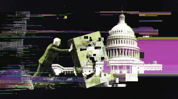 Illustration of the US Capitol and a figure pushing a large document, symbolizing progress toward landmark US crypto legislation.