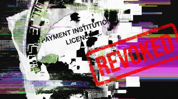Stylized image of a revoked payment institution licence with a red “REVOKED” stamp, representing Singapore’s enforcement action against crypto firm Bsquared Technology.