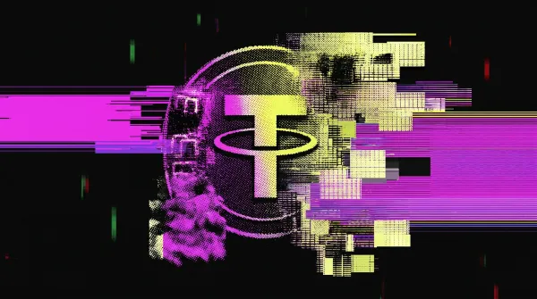 Illustration of a distorted stablecoin symbol with glitch effects and broken data blocks, representing the StablR stablecoin exploit and MiCA breach.