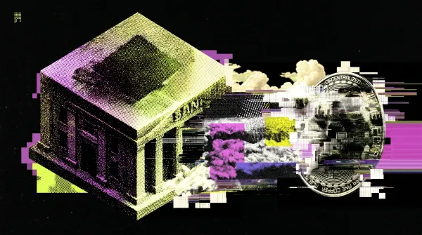 Illustration of a traditional bank building merging into a Bitcoin coin through digital glitch effects.