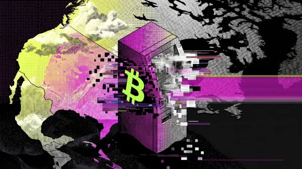 Illustration of a Bitcoin ATM glitching apart over a map of North America, representing the collapse of a major crypto ATM network.