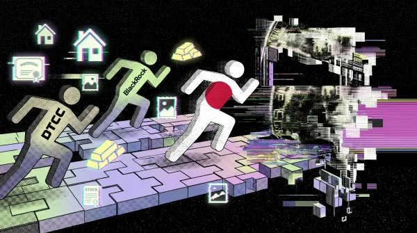 Stylized glitch-art illustration of figures labeled DTCC and BlackRock running across a fragmented blockchain platform with asset icons, digital distortion effects, and tokenization graphics.