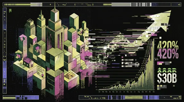 Stylized glitch-art city with stacked blocks and a rising chart, symbolizing rapid growth of tokenized real-world assets surpassing $30B.