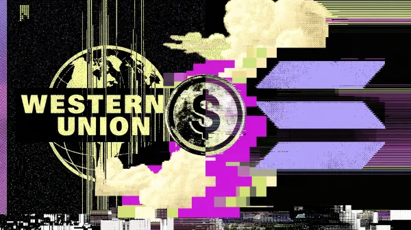 Western Union logo with a dollar coin and glitch-style motion effects, representing stablecoin payments moving on-chain via Solana.