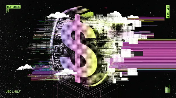 Glitch-style dollar symbol layered over fragmented digital currency elements, representing USD1 stablecoin and the World Liberty Financial ecosystem.