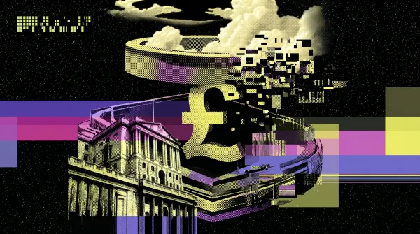 Illustration of the Bank of England and a large pound symbol dissolving into digital blocks representing UK stablecoin policy changes.